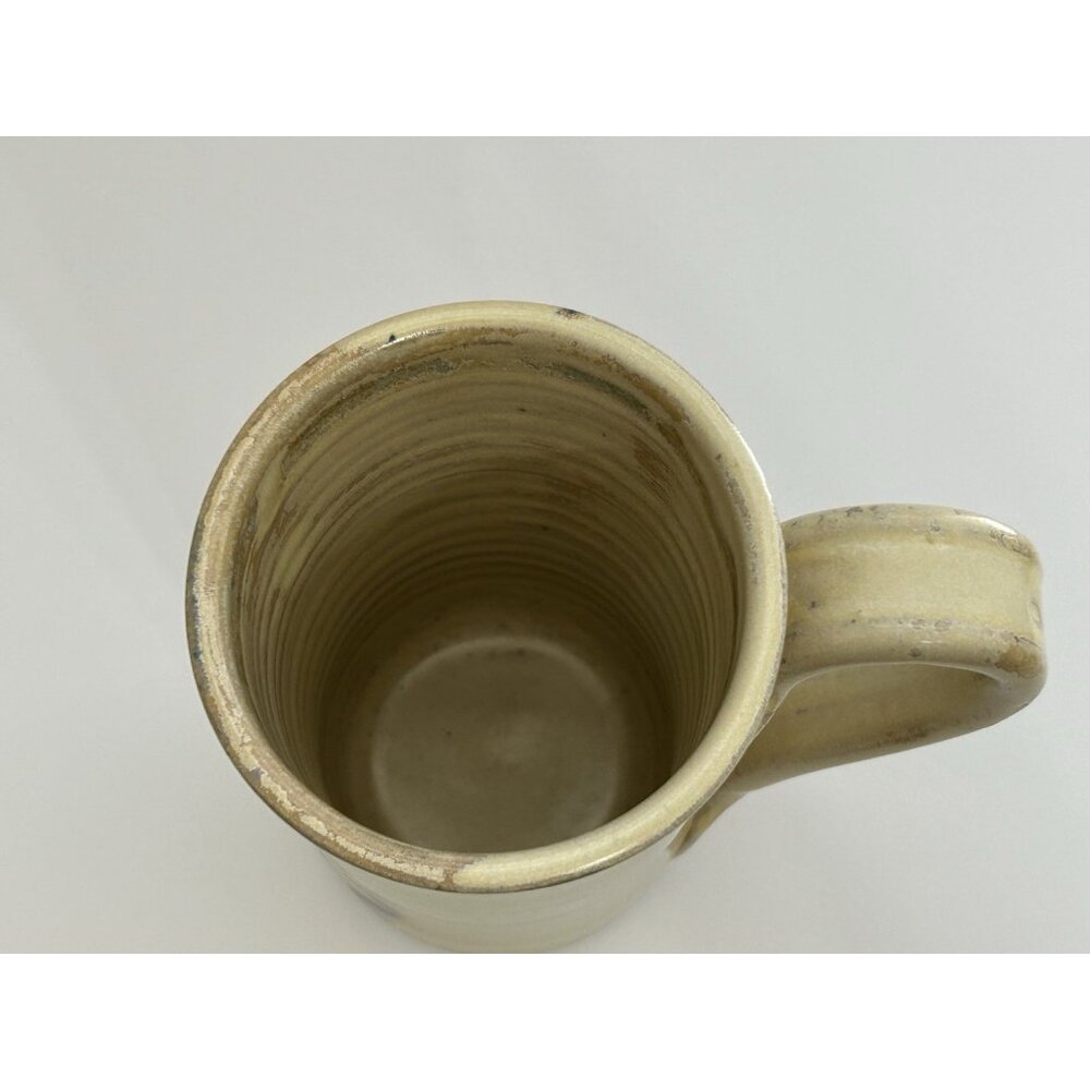 Studio Pottery Mug Tall 5 1/2 inches Drip Glaze Beige Brown Blue Signed Glosssy - Picture 8 of 16